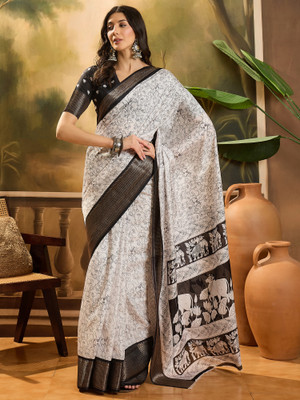 Divastri Printed Kalamkari Cotton Silk Saree(White)