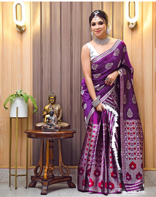 VM Selling Hub Woven Mekhela Chador Silk Blend Saree(Purple)