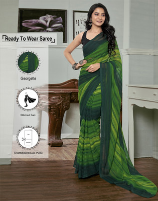 Satrani Printed, Striped Bollywood Georgette Saree(Light Green, Dark Green)