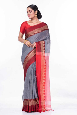 womensari Self Design Tant Pure Cotton Saree(Grey, Red)