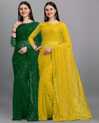 LOROFY Self Design Bollywood Net Saree(Pack of 2, Multicolor)
