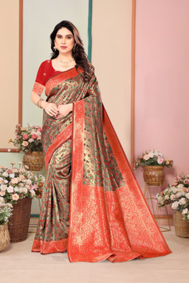 HouseOfCommon Woven, Self Design Kanjivaram Pure Silk, Silk Blend Saree(Dark Green, Red)