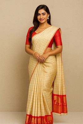 Dhyani Weaves Checkered, Animal Print, Woven Banarasi Cotton Silk Saree(Cream, Red)
