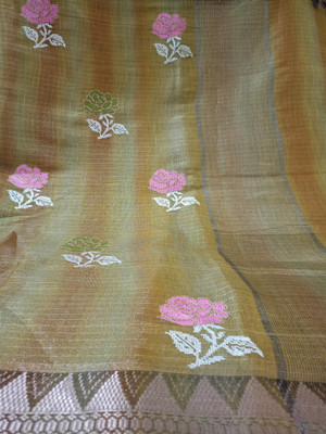 A.K.Silk Embroidered Saree with Attached Blouse Cotton Linen Saree(Yellow)