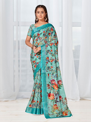 ANOUK Printed Daily Wear Linen Saree(Light Blue)