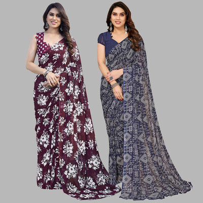 Anand Sarees Printed Daily Wear Georgette Saree(Pack of 2, Maroon, Dark Blue)