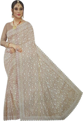 RK fashionz Embellished Bollywood Net Saree(Cream)