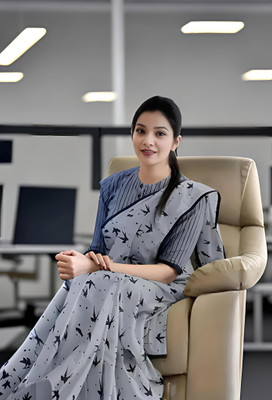 VCREATION Digital Print Bollywood Cotton Linen Saree(Grey)