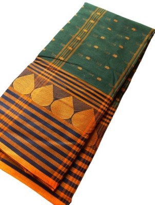 Piyafashion Self Design Tant Pure Cotton Saree(Dark Green)