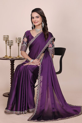 K 5 FASHION Embellished, Embroidered, Solid/Plain Bollywood Chiffon Saree(Purple)