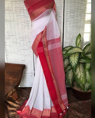 SAYAN CREATION Self Design, Solid/Plain Handloom Pure Cotton Saree(White, Red)