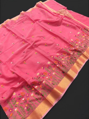 EEFA FASHION Embroidered Banarasi Cotton Jute Saree(Pink)