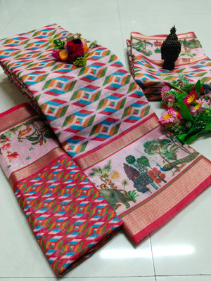 HouseOfCommon Printed Kanjivaram Pure Cotton, Cotton Silk Saree(Multicolor)