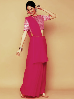 HouseOfCommon Solid/Plain Bollywood Georgette Saree(Pink)