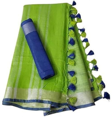 WEAVE TRENDS Solid/Plain, Woven Bollywood Dupion Silk Saree(Green)