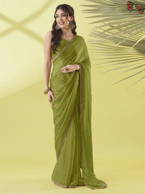 HouseOfCommon Solid/Plain Bollywood Pure Silk Saree(Green)