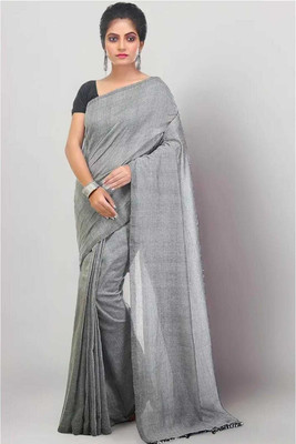 BongAp Solid/Plain Handloom Cotton Blend Saree(Grey)