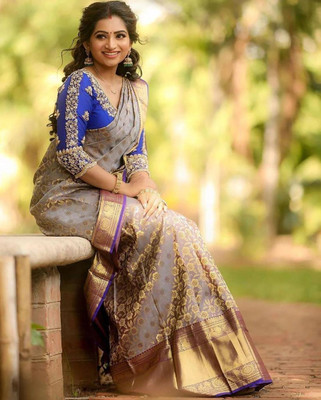 Anjaneya Sarees Self Design Banarasi Silk Blend Saree(Grey)