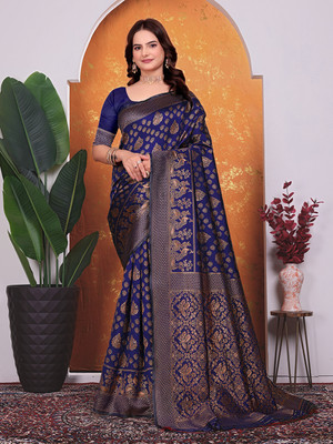 maayro Embellished Banarasi Silk Blend Saree(Dark Blue)