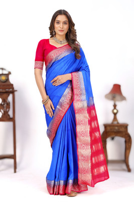 jeravi Self Design Bollywood Pure Silk Saree(Blue)