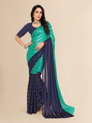 Moda Rapido Striped, Self Design Daily Wear Satin Saree(Blue)