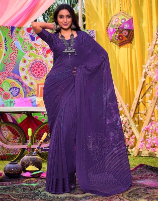 Samah Floral Print, Embellished, Striped Bollywood Chiffon, Georgette Saree(Purple, Multicolor)