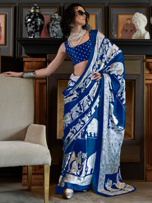 Tasrika Printed Hand Batik Crepe Saree(Blue)