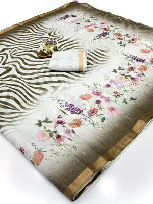 SDGRATITUDE Printed, Woven Daily Wear Cotton Linen, Linen Saree(White)