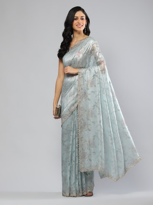 Meena Bazaar Woven Bollywood Chanderi Saree(Blue)