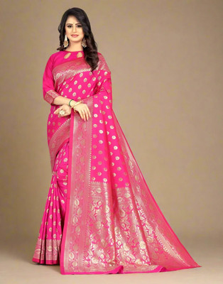 The Style Sanctuary Woven Banarasi Silk Blend Saree(Dark Green)