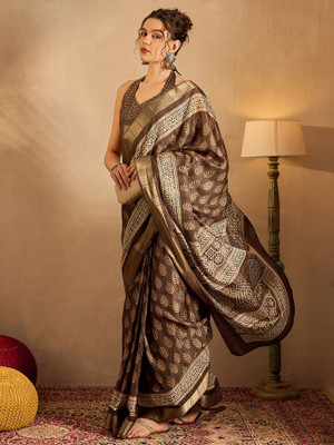 Tasrika Printed Chinnalapattu Silk Blend Saree(Brown)