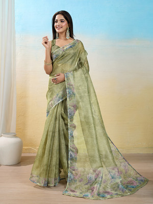 RekhaManiyar Self Design Saree with Attached Blouse Organza Saree(Green)