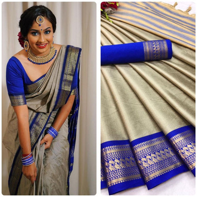 DB Creation Woven Banarasi Cotton Silk, Jacquard Saree(Cream)