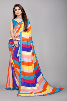 Mandani & Co. Self Design, Striped, Applique Bollywood Georgette, Chiffon Saree(Blue)
