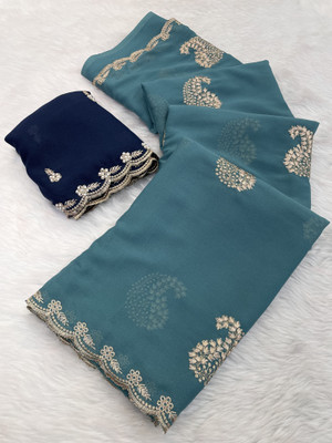 Ethina Fashion Embroidered Bollywood Georgette Saree(Light Blue)