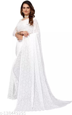 Fashion Field Solid/Plain Bollywood Net Saree(White)