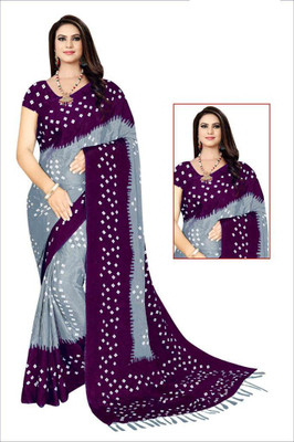 harshit designer Printed Bandhani Silk Blend Saree(Grey, Purple)