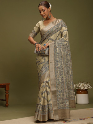 Sareemall Digital Print Hand Batik Satin, Silk Blend Saree(Beige)