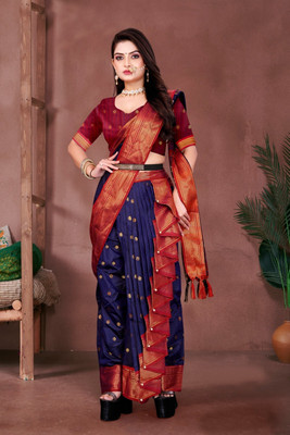 Ashmika Self Design Saree with Attached Blouse Cotton Silk Saree(Blue, Red)