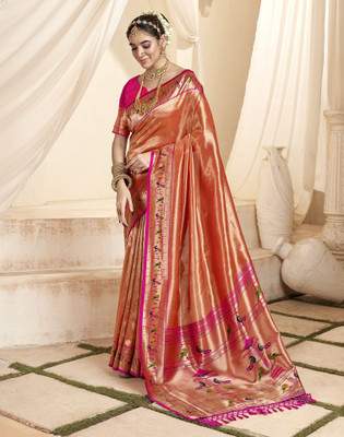 Satrani Woven, Embellished Paithani Silk Blend, Jacquard Saree(Orange, Gold)