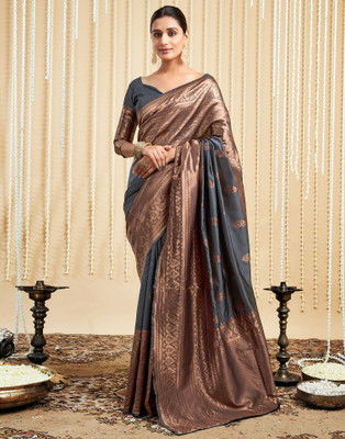 Samah Self Design Kanjivaram Silk Blend Saree(Grey, Brown)
