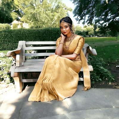 Yash silk international Solid/Plain, Embellished Banarasi Silk Blend Saree(Gold)