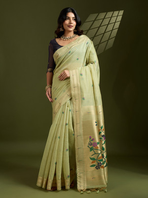 PeachPetals Floral Print, Self Design, Woven Banarasi Cotton Blend Saree(Light Green)