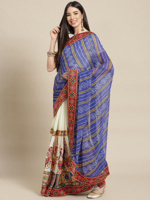 SERONA FABRICS Embroidered, Printed Bandhani Georgette Saree(Blue, White)