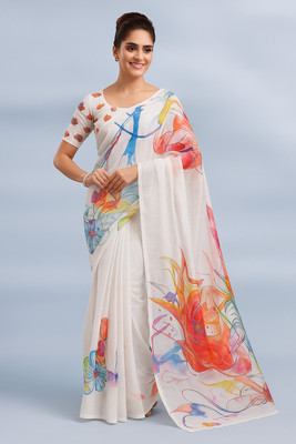 SIRINIKAA FASHIONS Floral Print, Printed Bollywood Linen Saree(White, Multicolor)
