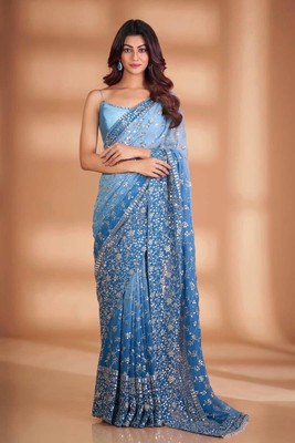 AAR Embroidered, Embellished Bollywood Georgette Saree(Blue)