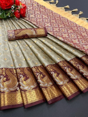 arlima Woven Dharmavaram Pure Silk, Cotton Silk Saree(Brown, Beige)
