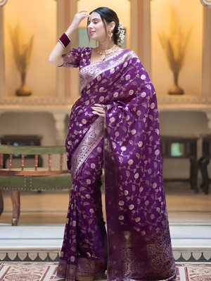 YASHIKA Printed, Self Design Banarasi Cotton Silk, Jacquard Saree(Purple)