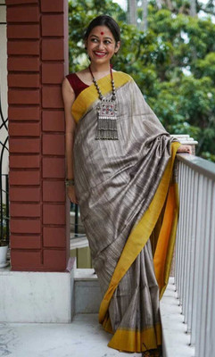 S G SAREES Woven Handloom Handloom Cotton Jute Saree(Grey, Yellow)