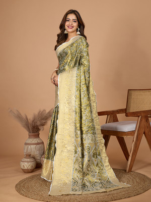 Yogik Creation Floral Print Banarasi Silk Blend Saree(Light Blue)